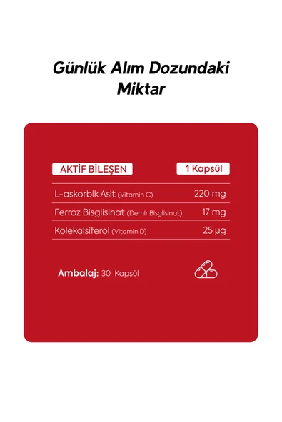 Ferrocel 30 Kapsül Demir, Vitamin C Ve D3 Içeren Takviye Edici Gıda 600 Mg - 4