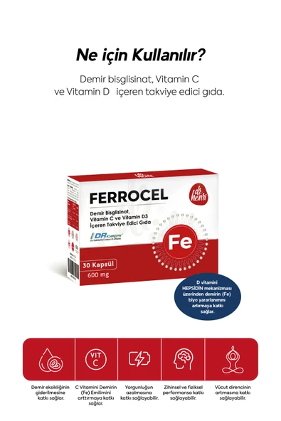 Ferrocel 30 Kapsül Demir, Vitamin C Ve D3 Içeren Takviye Edici Gıda 600 Mg - 2