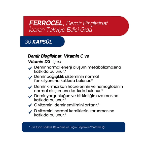 Ferrocel 30 Kapsül Demir, Vitamin C Ve D3 Içeren Takviye Edici Gıda 600 Mg - Resim 2
