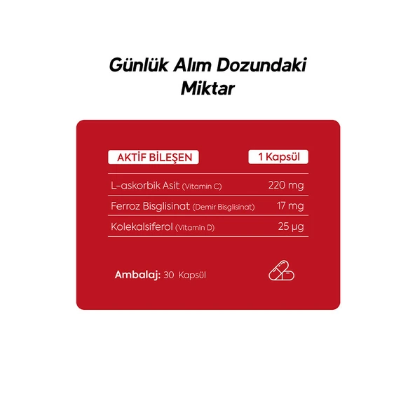 Ferrocel 30 Kapsül Demir, Vitamin C Ve D3 Içeren Takviye Edici Gıda 600 Mg - Resim 5