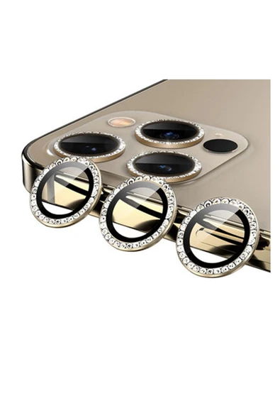 Apple Iphone 11 Pro Max Uyumlu Diamond Taşlı Model Kamera Cam Koruyucu - Gold