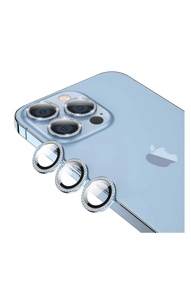 Apple Iphone 11 Pro Max Uyumlu Diamond Taşlı Model Kamera Cam Koruyucu - Mavi