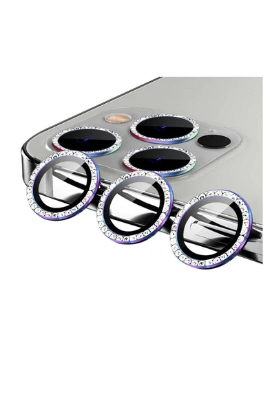 Apple Iphone 11 Pro Max Uyumlu Diamond Taşlı Model Kamera Cam Koruyucu - Gökkuşağı