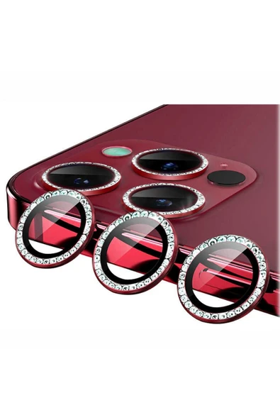 Apple iPhone 13 Pro Max Uyumlu Taşlı Model Kamera Cam Koruyucu - Kırmızı - 1
