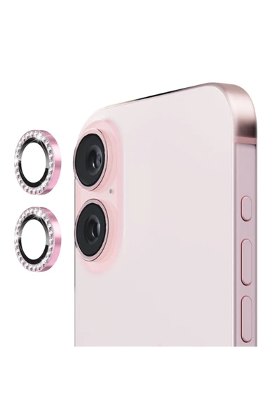 Apple iPhone 16 Uyumlu Taşlı Model Kamera Cam Koruyucu - Pembe - 1
