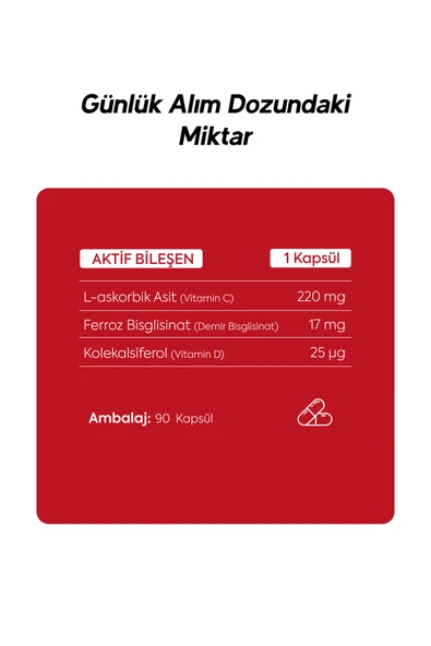 Ferrocel 90 Kapsül Demir, C Ve D3 Vitamini Içeren Takviye Edici Gıda 600mg - 4