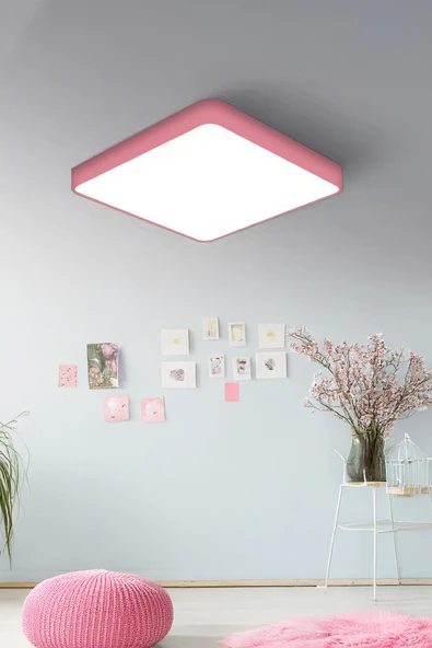 Voxify Büyük Boy Kare Pembe 18w Tavan Led Aydınlatma Armatür Salon Avize Aydınlatma Metal Kasa Beyaz Işık