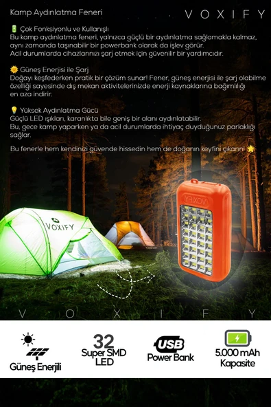 Voxify Solar Güneş Enerji Şarj Edilebilir PowerBank Özellikli Led Işıklı Suya Darbeye Dayanıklı Kamp Lamba - 4