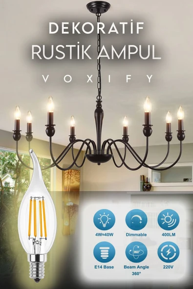 Voxify Dekoratif Retro Rustik Ampül E14 İnce Duy Avize Aplik Cafe Aplik Abajur Tavan Ampülü Gün Işığı Sarı