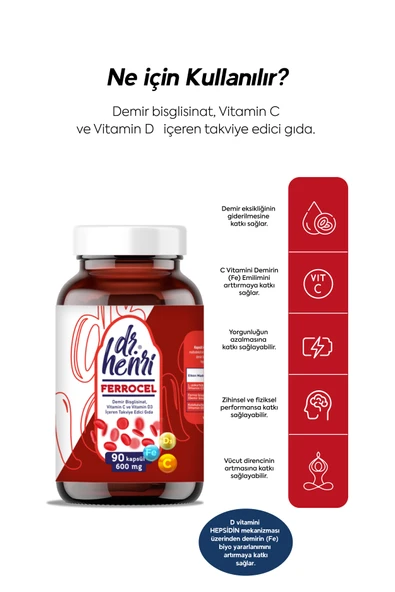Ferrocel 90 Kapsül Demir, C Ve D3 Vitamini Içeren Takviye Edici Gıda 600mg - 2