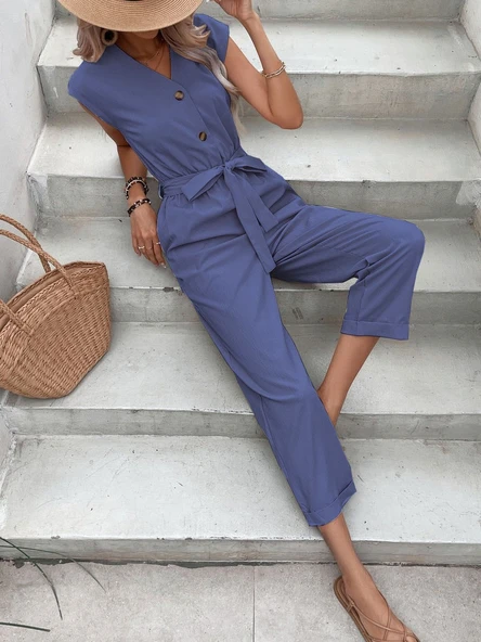 Keten Kadın V Yaka Lacivert Tek Sıra Düğmeli Kolsuz Tulum ürün görseli