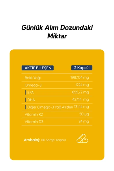Balık Yağı Içeren Omega-3 D3 & K2 Vitamin 60 Kapsül Takviye Edici Gıda - 4