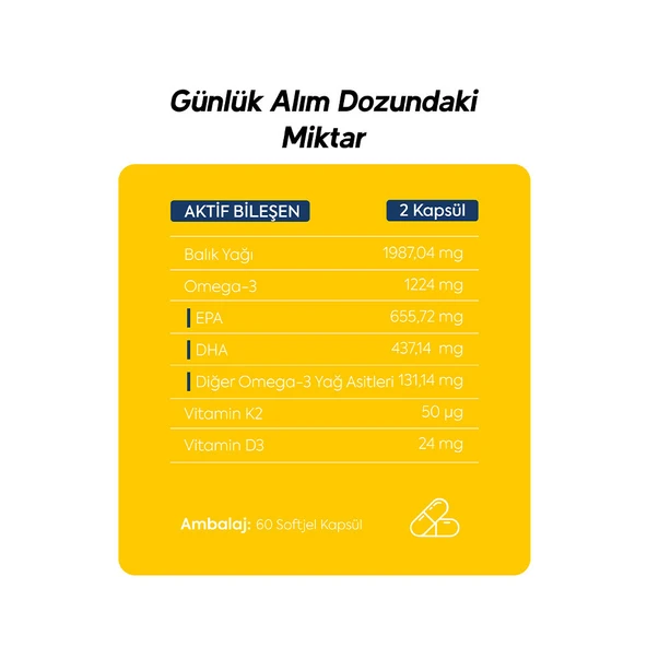 Balık Yağı Içeren Omega-3 D3 & K2 Vitamin 60 Kapsül Takviye Edici Gıda - Resim 5