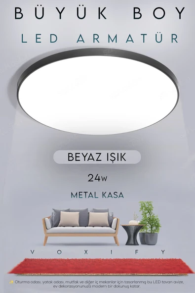 Voxify 24W Büyük Boy Antrasit Renk Kasa Tavana Sıfır Plafonyer Led Armatür Avize Aplik Lambası Beyaz Işık