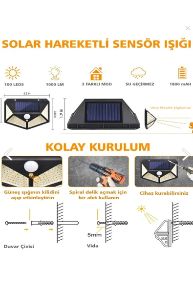 Voxify Modern 100 Ledli Solar Çift Taraflı Aplik Güneş Enerjili Duvar Aydınlatma Lambası Solar Aplik Beyaz - 4