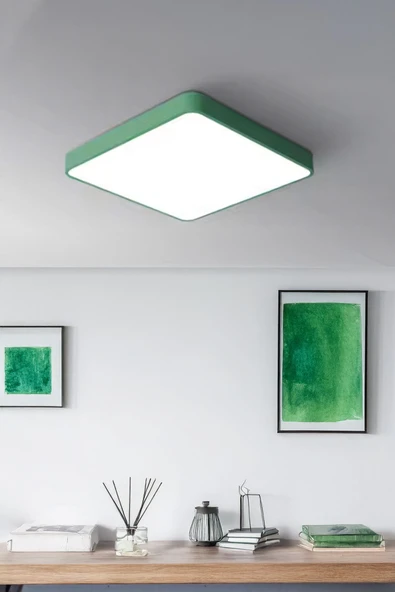 Voxify Büyük Boy Kare Yeşil 18w Tavan Led Aydınlatma Armatür Salon Avize Aydınlatma Metal Kasa Beyaz Işık