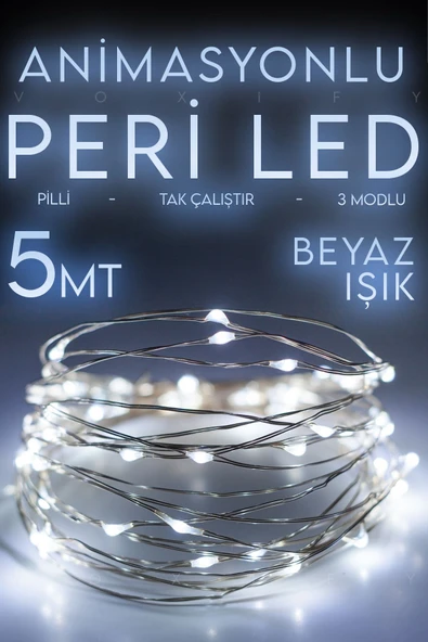 Voxify Peri LED Işık 5 Metre (Beyaz) Pilli Dekoratif Aydınlatma | Yılbaşı Çam Ağacı ve Ev Süsleme
