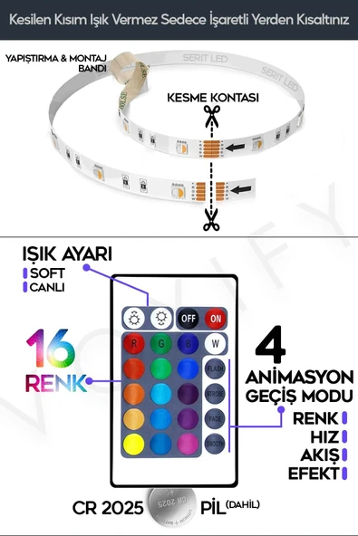 Voxify Şerit Led 5 Metre Animasyonlu Ambians Aydınlatma Kumandalı Trafolu Rgb Şerit Işık Aydınlatma Led - 3