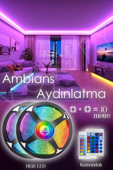 Voxify 2'li Set RGB Duvar Tavan Şerit Led Işık Ambiyans & Sabit 16 Renk Kumandalı Yapışkanlı 10 Metre