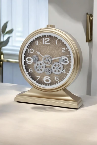 Efe Mark Premium Serisi Modern Kadranlı Döner Çarklı 32x28 CM Ev ve Ofis Masa ve Duvar Saati Rakamlı Simli Gold - Resim 3