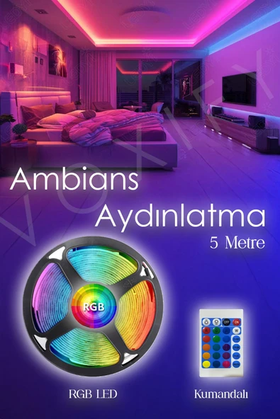Voxify Şerit Led 5 Metre Animasyonlu Ambians Aydınlatma Kumandalı Trafolu Rgb Şerit Işık Aydınlatma Led