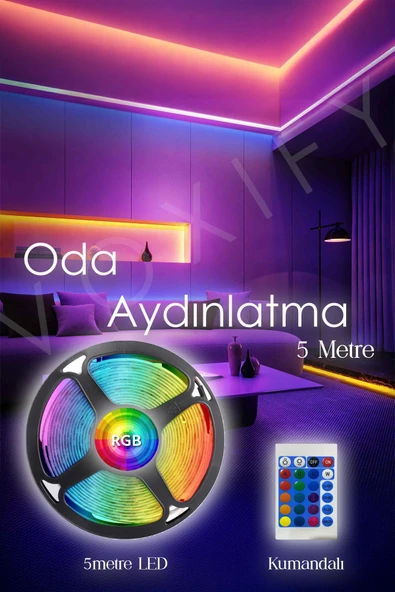 Voxify Oda Aydınlatma Şerit Led 5 Metre RGB Led Ambiyans Aydınlatma Animasyonlu RGB Şerit Led