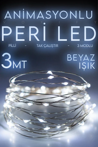 Voxify Peri LED Işık 3 Metre (Beyaz) Pilli Dekoratif Aydınlatma | Yılbaşı Çam Ağacı ve Ev Süsleme