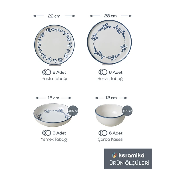 Keramika Blue Bloom Yemek Takımı 24 Parça 6 Kişilik 22810-11-12 - 6