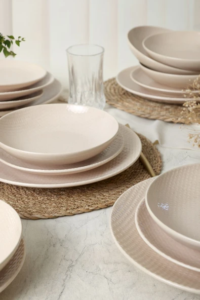 Keramika Kumlu Krem Rölyefli Yemek Takımı 18 Parça 6 Kişilik Q32 - 5