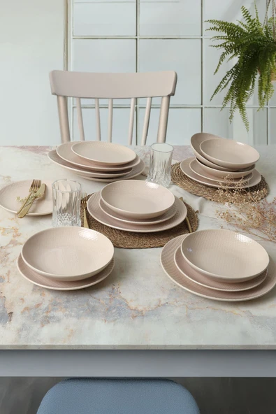 Keramika Kumlu Krem Rölyefli Yemek Takımı 18 Parça 6 Kişilik Q32 - 2