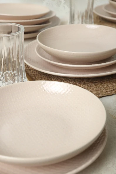 Keramika Kumlu Krem Rölyefli Yemek Takımı 18 Parça 6 Kişilik Q32 - 6