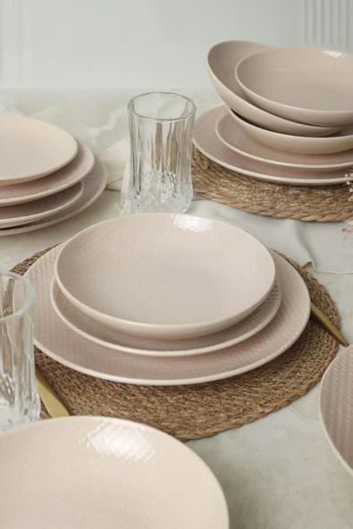 Keramika Kumlu Krem Rölyefli Yemek Takımı 18 Parça 6 Kişilik Q32 - 3