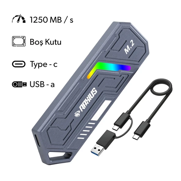 RaXius DK03 USB-A/Type-C Kablolu RGB 22x80 M.2 NVMe Taşınabilir Harici SSD (Boş Kutu) - 2