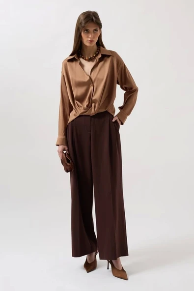 Bel Büzgülü Crop Saten Gömlek - Resim 3