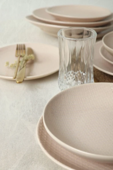 Keramika Kumlu Krem Rölyefli Yemek Takımı 18 Parça 6 Kişilik Q32 - 4