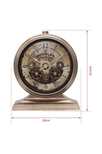 Efe Mark Premium Serisi Antik Eskitme Kadranlı Döner Çarklı 32x28 CM Ev ve Ofis Masa ve Duvar Saati Rakamlı Bronz - Resim 5