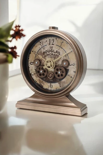 Efe Mark Premium Serisi Antik Eskitme Kadranlı Döner Çarklı 32x28 CM Ev ve Ofis Masa ve Duvar Saati Rakamlı Bronz - Resim 3