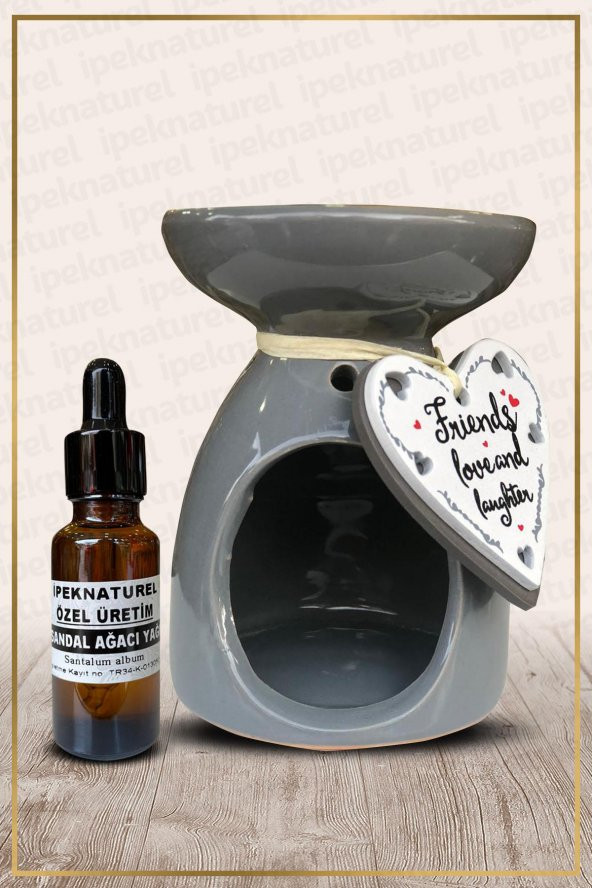 Gri Seramik Buhurdanlık Kalp Friendly Ve Özel Üretim Sandal Ağacı Yağı Setli ürün görseli 1