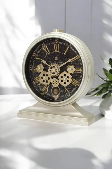 Efe Mark Premium Serisi Antik Eskitme Kadranlı Döner Çarklı 32x28 CM Ev ve Ofis Masa ve Duvar Saati Roma Rakamlı Kum Rengi - Resim 3