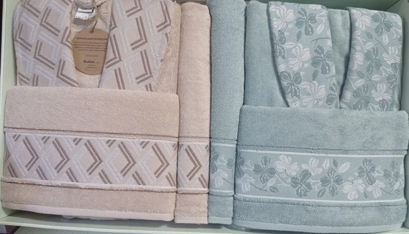 Özdilek Fiore Line Aile Bornoz Seti Bej Yeşil