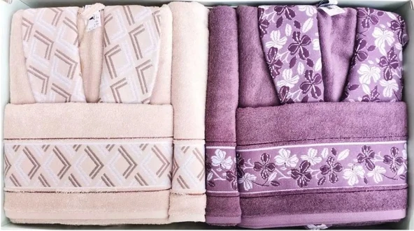 Özdilek Fiore Line Aile Bornoz Seti Bej Mürdüm ürün görseli