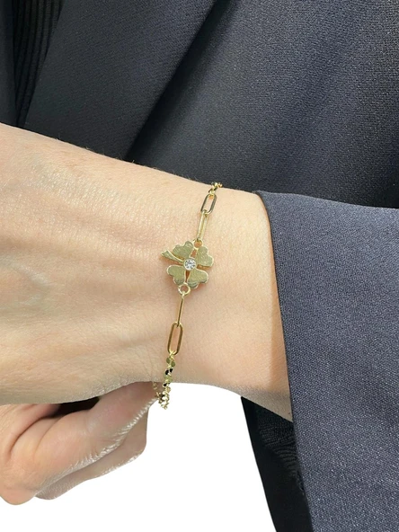 İtalyan Işıltılı Ataç Yonca Çok Şık Altın Bileklik - Resim 2