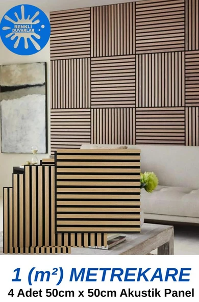 Renkli Duvarlar 1m² (50cmx50cm 4 Adet)Kahverengi Akustik Duvar Paneli 3mm Keçe Ve 8mm Mdflam Duvar Çıtası Lambiri