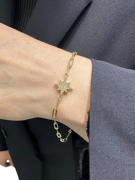 İtalyan Ataç Zincir Kutup Yıldızı Çok Şık Altın Bileklik - Resim 2