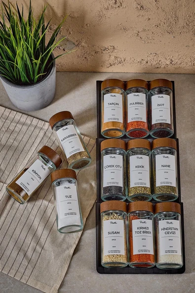 Raul Woody 12'li Minimal Akasya Kapak Baharatlık Seti 120ml-30 Ad. Siyah-Beyaz Etiket Hediyeli