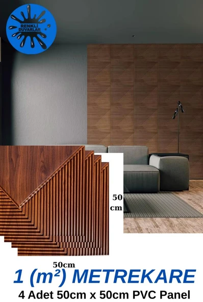 1m² (50cmx50cm 4 Adet) Kahverengi 3D ABS PVC Çizgili Desenli Dayanıklı Duvar Paneli Silinebilir