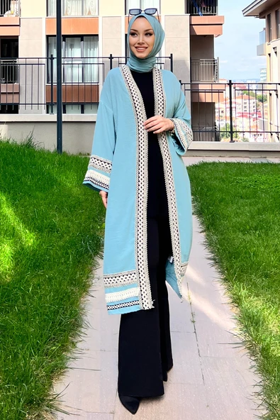 Düz Orta Kadın Yeşil Kimono - 10166 - 3