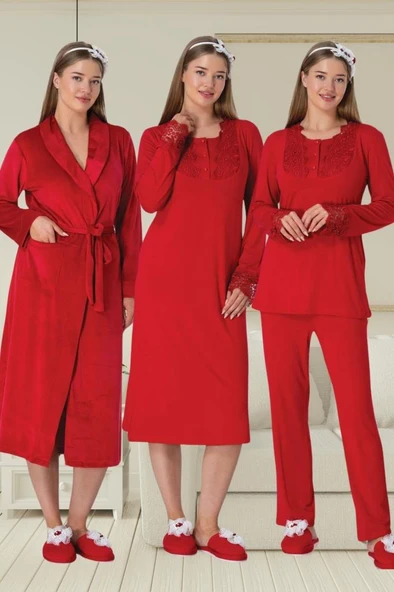 Mecit 6500 Bayan Hamile Kırmızı Sabahlıklı Gecelik Pijama Takımı - Resim 4