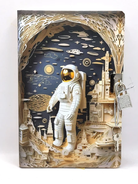 3D Görünümlü Hatıra Defteri (Günlük) Kilitli Defter 80 yaprak - Sarı Astronot ürün görseli