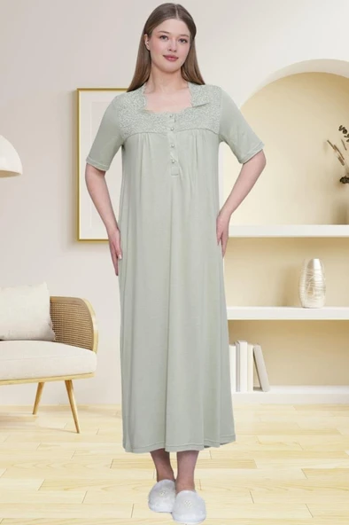 Mecit 6049 Bayan Yeşil Büyük Beden Dantelli Kısa Kollu Gecelik ürün görseli